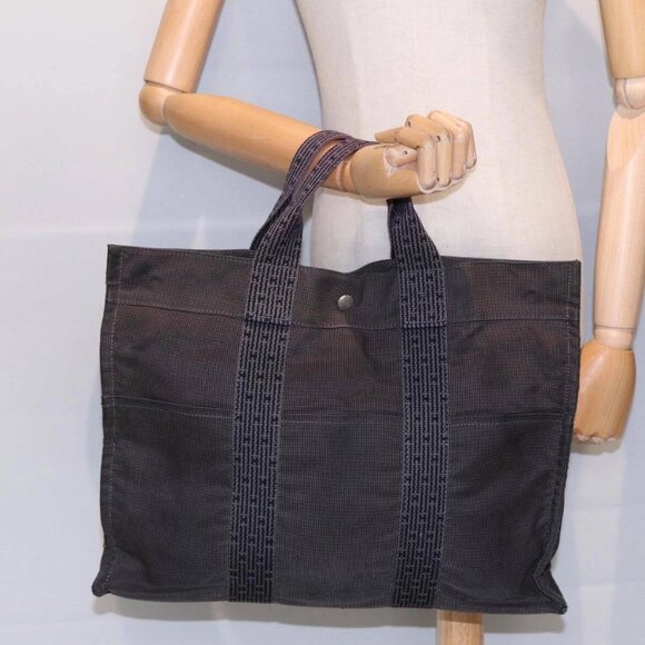 HERMES Her Line MM Tote Bag Canvas Gray Silver Auth - Picture 1 of 16